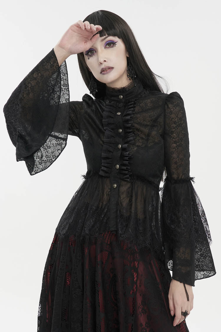 Black Lace Round Collar Flared Sleeved Women's Gothic Shirt