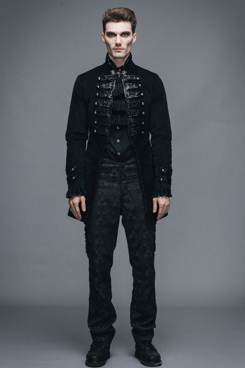 Black Fake Two Pieces Embroidered Turn Down Collar Long Sleeves Velvet Mens Gothic Coat