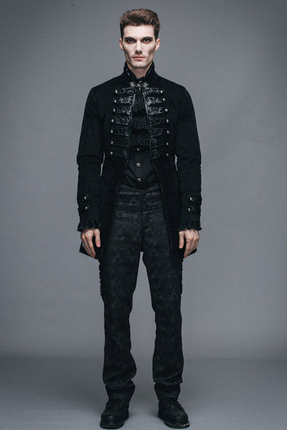 Black Fake Two Pieces Embroidered Turn Down Collar Long Sleeves Velvet Mens Gothic Coat