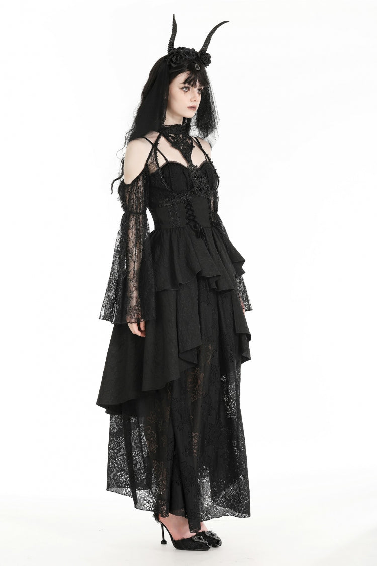 Black Off Shoulder Long Puff Sleeves Cut-Out Lace Women's Gothic Cape