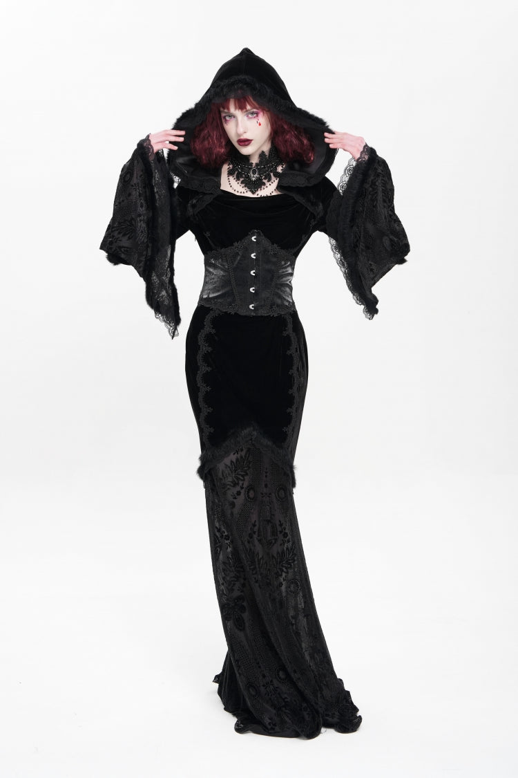 Black Long Trumpet Sleeves Embroidery Stitching Lace Hooded Mesh Women's Gothic Dress