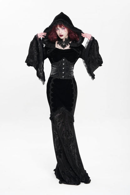 Black Long Trumpet Sleeves Embroidery Stitching Lace Hooded Mesh Women's Gothic Dress