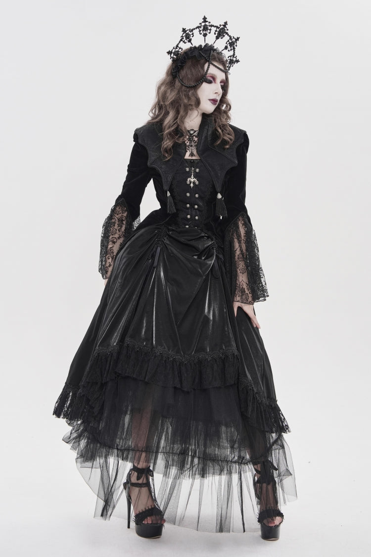 Black Long Trumpet Sleeves Embroidered Lace Slim Zippered Women's Gothic Bat Wing Collar Double-breasted Zip Jacket