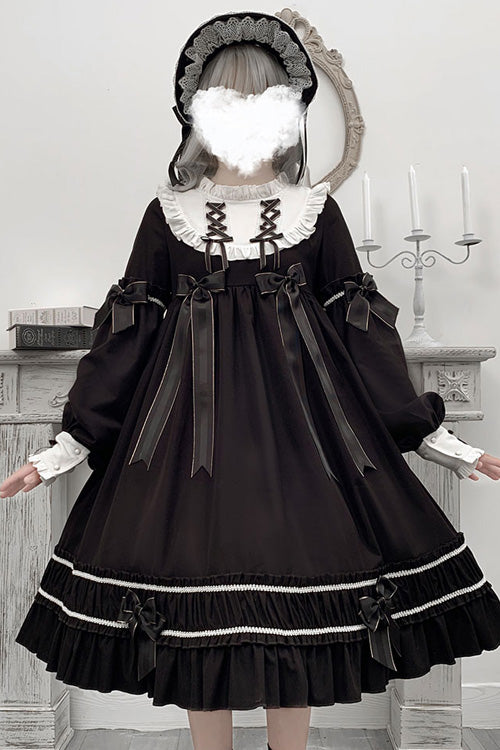 Black Bowknot Ruffled Long Sleeves Lolita OP Gothic Lolita Dress