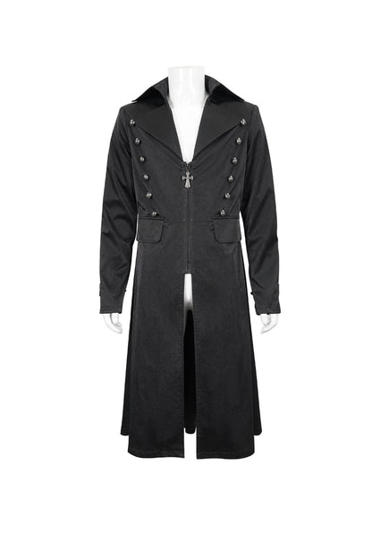 Black Lapel Collar Double Breasted Metal Cross Zip Men's Gothic Long Coat
