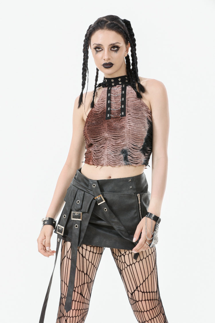 Black Faux Leather Straps Zippered Women's Punk Short Skirt