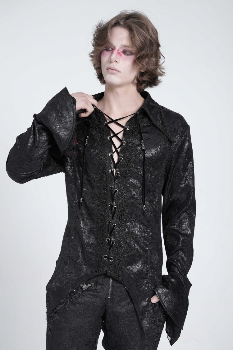 Black Long Trumpet Sleeves Lace-Up Men's Gothic Swallow-tailed Blouse