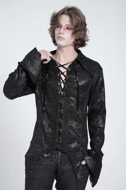 Black Long Trumpet Sleeves Lace-Up Men's Gothic Swallow-tailed Blouse
