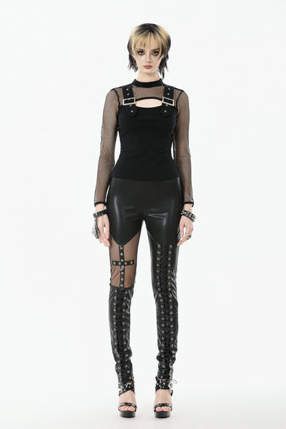 Black Cross Lace-Up PU Sheer Mesh Women's Gothic Punk Pants