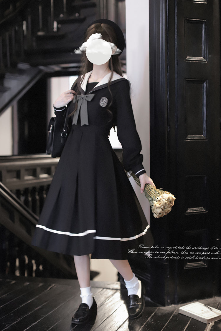 Black Navy Collar Long Sleeves Bowknot Sweet Japanese College Style Elegant Lolita Dress