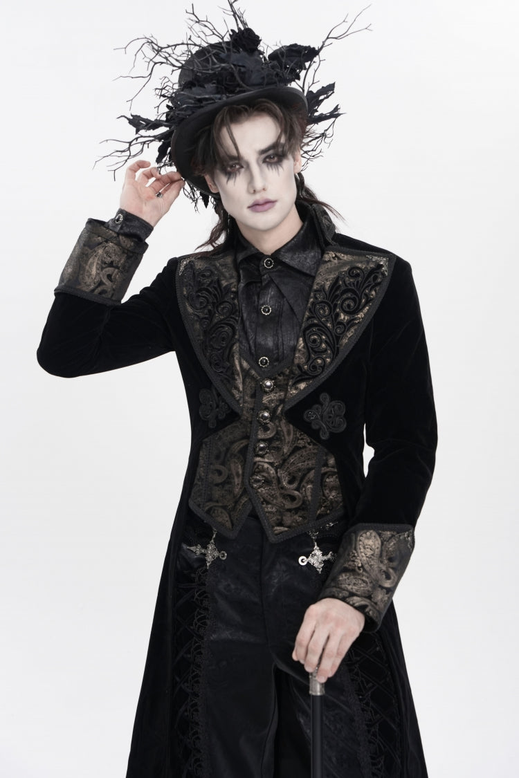 Black Lapel Collar Long Sleeves Jacquard Embroidered Slim Color-Blocked Men's Gothic Jacket
