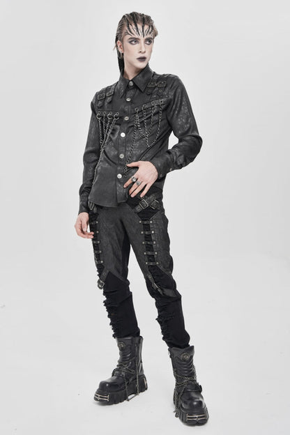 Black Lapel Collar Long Sleeves Buckled Strappy Chain-Decorated Men's Punk Shirt