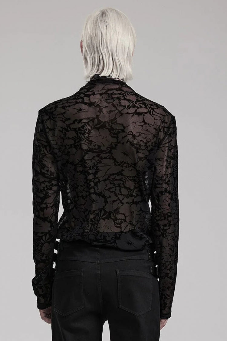 Black Long Sleeves Print Sheer Mesh Mens Gothic T-Shirt