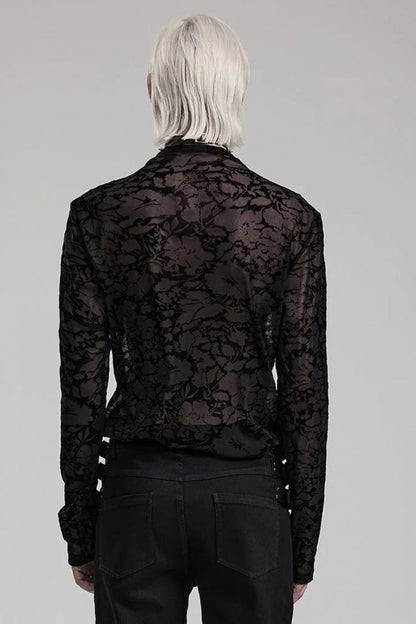 Black Long Sleeves Print Sheer Mesh Mens Gothic T-Shirt