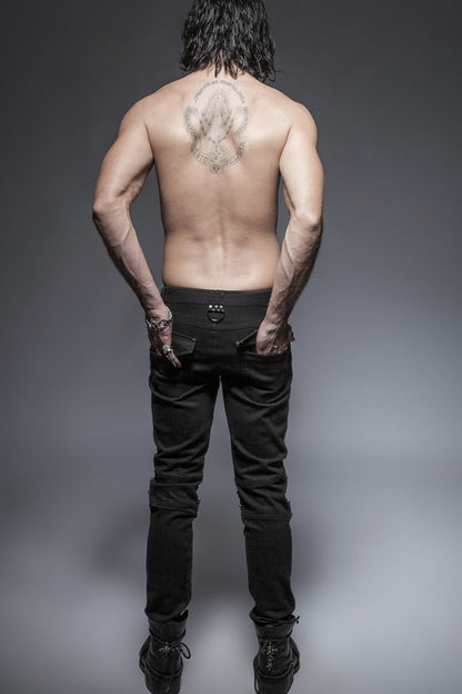 Black Military Uniform Buckle Skinny PU Leather Men's Punk Pants