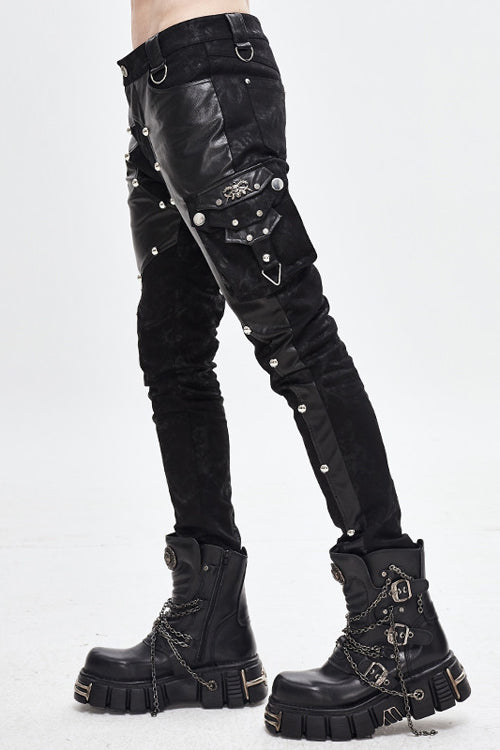 Black Patchwork Asymmetric Rivet Studded Punk Leather Mens Pants