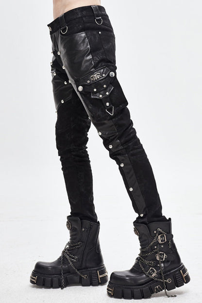 Black Patchwork Asymmetric Rivet Studded Punk Leather Mens Pants