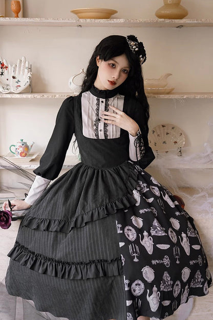 Black Lunar Eclipse Dinner Cups Print Autumn Winter Gothic Lolita Jsk Dress