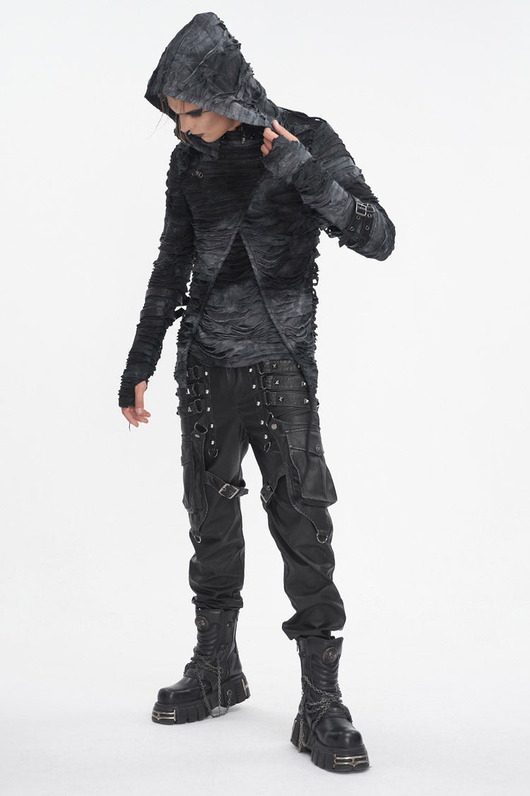 Black High Collar Long Sleeves Print Ripped Men's Punk Hoodies T-Shirt