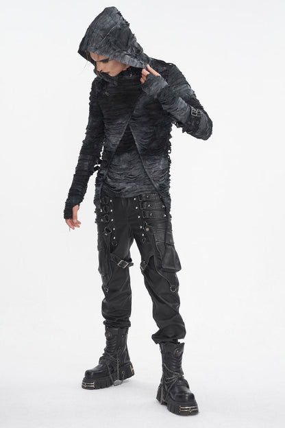 Black High Collar Long Sleeves Print Ripped Men's Punk Hoodies T-Shirt