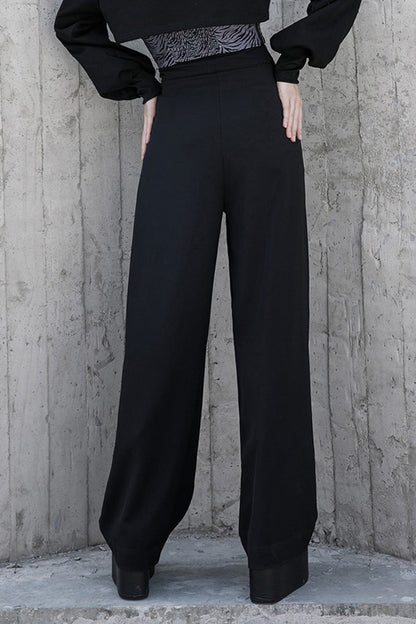 Black High Waist Wide Legged Stitching Women's Steam Punk Strap Pants