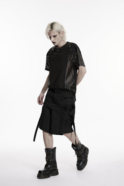 Black Buckled Men's Punk Shorts WIth Big Pocket