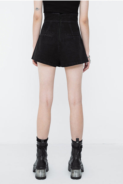 Black Metal Zipper High Waist Irregular Hem Women's Punk A-Line Shorts