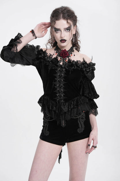 Black Off Shoulder Long Sleeves Ruffle Embroidery Lace-Up Women's Gothic Blouse