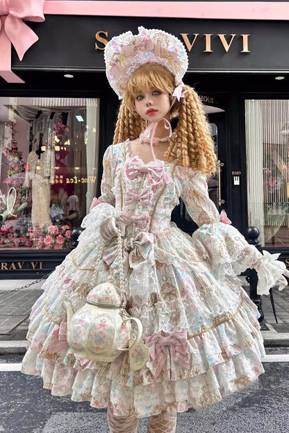 Apricot [Candlelight Elegance] Long Trumpet Sleeves Multi-Layered Ruffle Bowknot Lace Sweet Elegant Lolita Dress