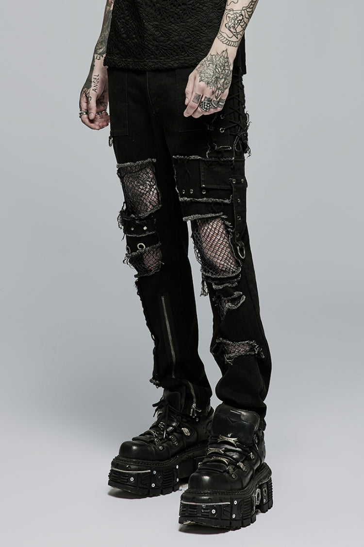 Black Hollow Lace-Up Ripped Men's Punk Pants