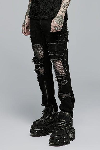 Black Hollow Lace-Up Ripped Men's Punk Pants