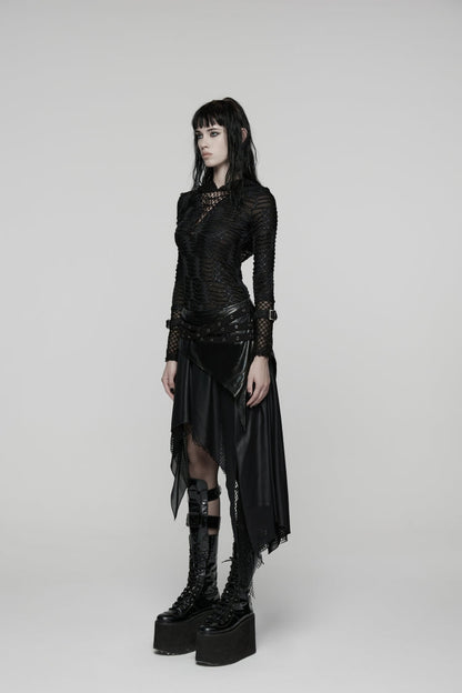 Black Double-Layered Irregular Eyelet Women's Punk rregular Wasteland Skirt