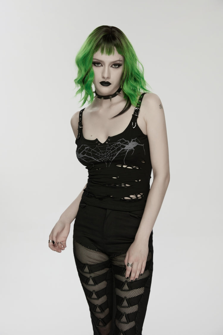 Black Off Shoulder Slim Ripped Buckled Women's Punk Spiders&Web Printed  Vest