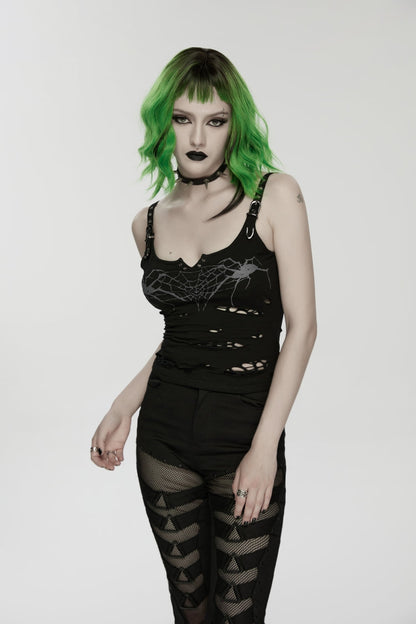 Black Off Shoulder Slim Ripped Buckled Women's Punk Spiders&Web Printed  Vest
