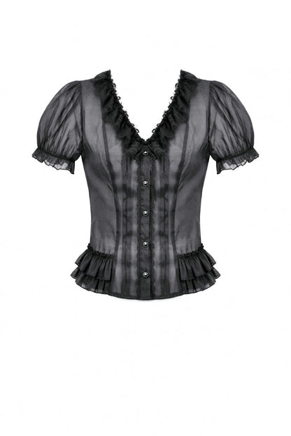Black Deep V Collar Short Puff Sleeves Multi-Layered Ruffled Lace Sheer Women's Gothic Blouse