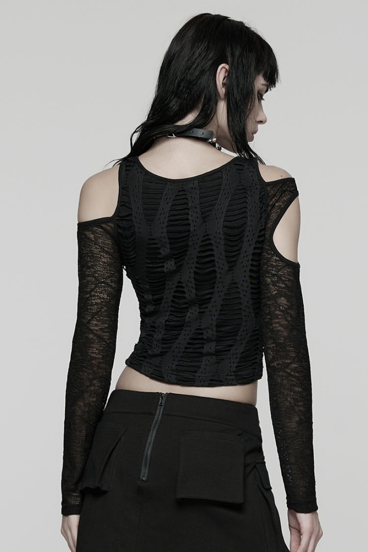 Black Off Shoulder Long Sleeves Spliced Mesh Pleated Women's Punk Top