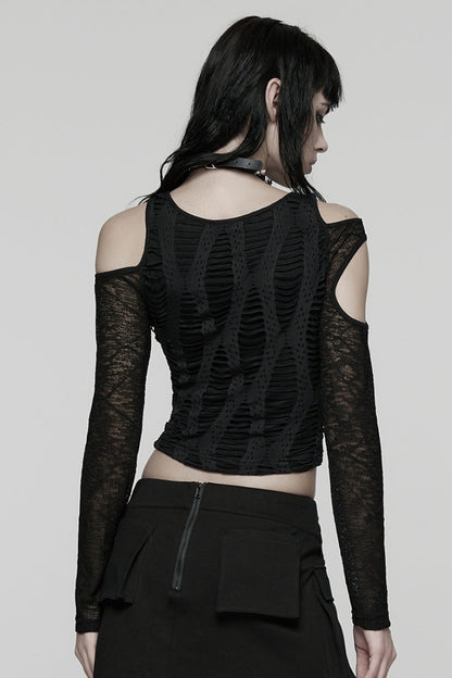 Black Off Shoulder Long Sleeves Spliced Mesh Pleated Women's Punk Top