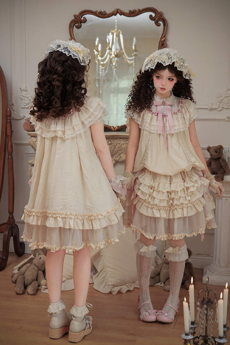 Apricot [Lily's Dream] Stand Collar Short Sleeves Loose-Fit Doll-Like Multi-Layered Ruffled Bow Lace Sweet Lolita Dress 2 Versions