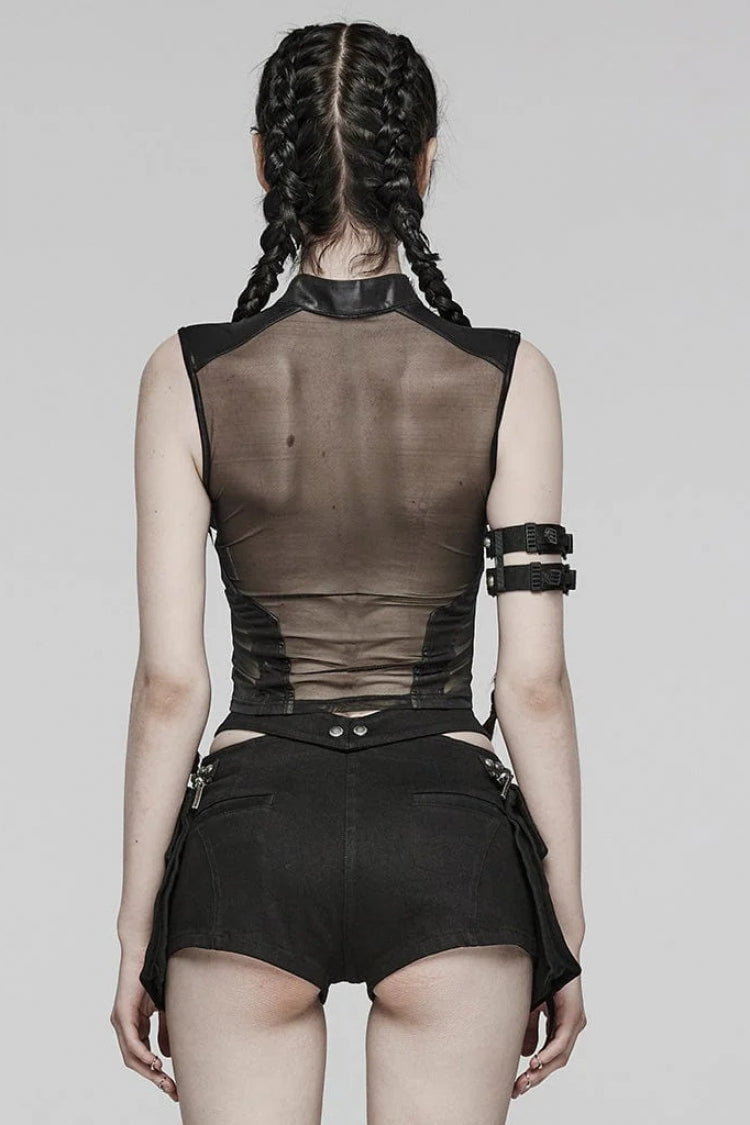 Black Leather Stitching Mesh Sheer Womens Steampunk Vest