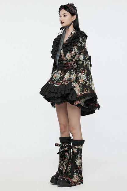 Black Long Sleeves Floral Print Ruffle Women's Gothic Lolita Kimono Dress Set