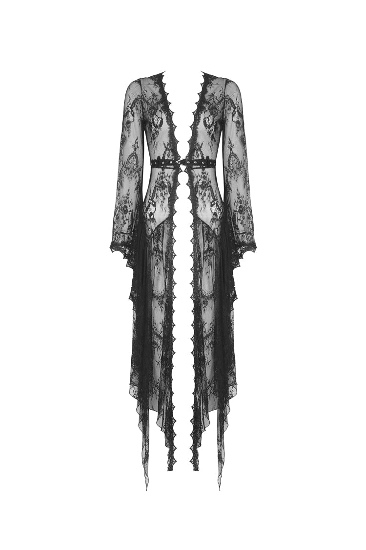 Black Long Trumpet Sleeves Sheer Floral Lace Women's Gothic Maxi Cloak with Belts