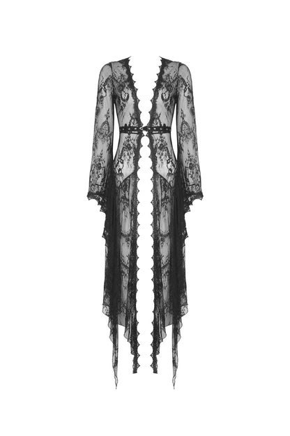 Black Long Trumpet Sleeves Sheer Floral Lace Women's Gothic Maxi Cloak with Belts