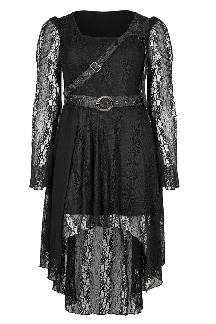 Black Elasticity Modal Cotton Fabric Patchwork Lace Metal Buckle Belt Long Hem Long Sleeve Women's Plus Size Gothic Dress