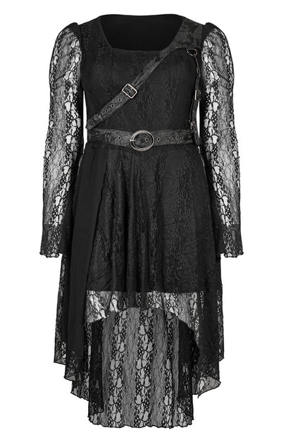 Black Elasticity Modal Cotton Fabric Patchwork Lace Metal Buckle Belt Long Hem Long Sleeve Women's Plus Size Gothic Dress