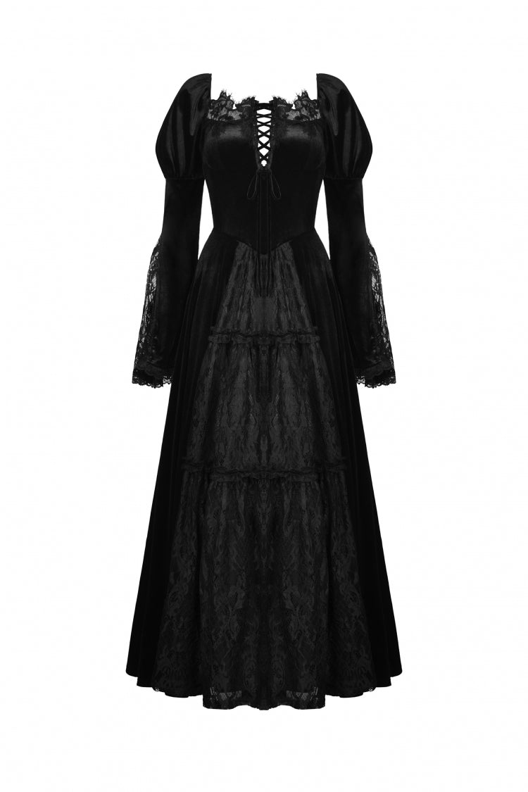 Black Long Puff Sleeves Spliced Lace Lace-Up Women's Gothic Vintage Velvet Wedding Dress