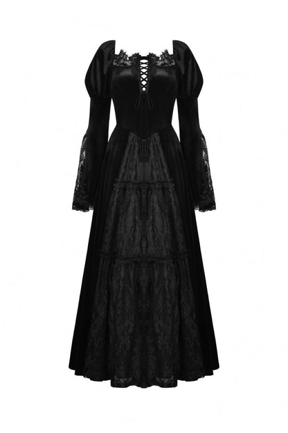 Black Long Puff Sleeves Spliced Lace Lace-Up Women's Gothic Vintage Velvet Wedding Dress