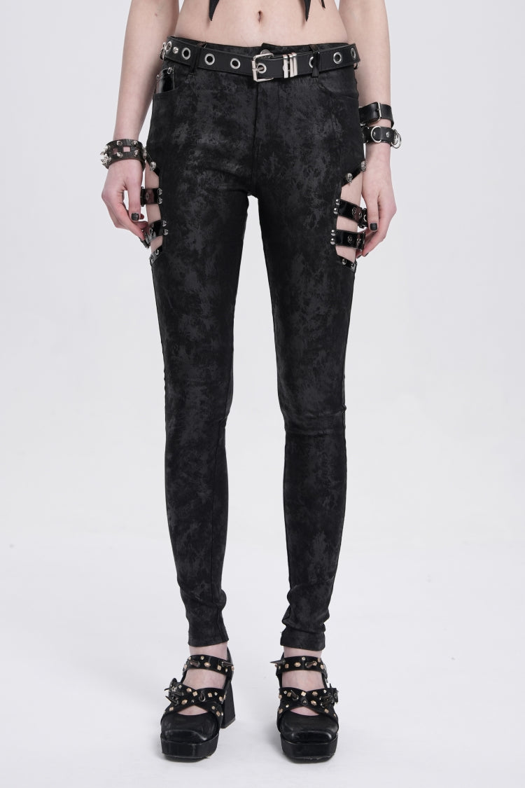 Black Print Cutout Buckle Women's Gothic Pants