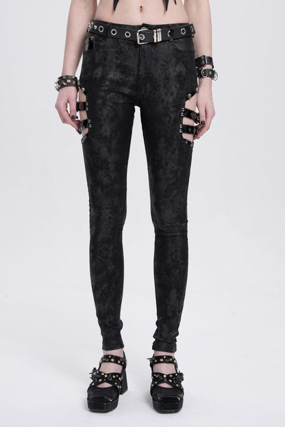 Black Print Cutout Buckle Women's Gothic Pants