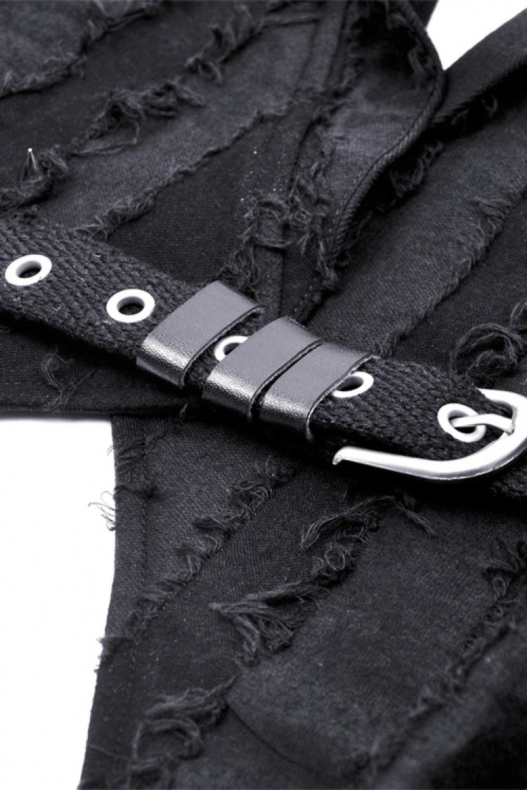 Black Peak Lapel Collar Long Sleeves Irregular Distressed Women's Gothic Punk Coat with Belt