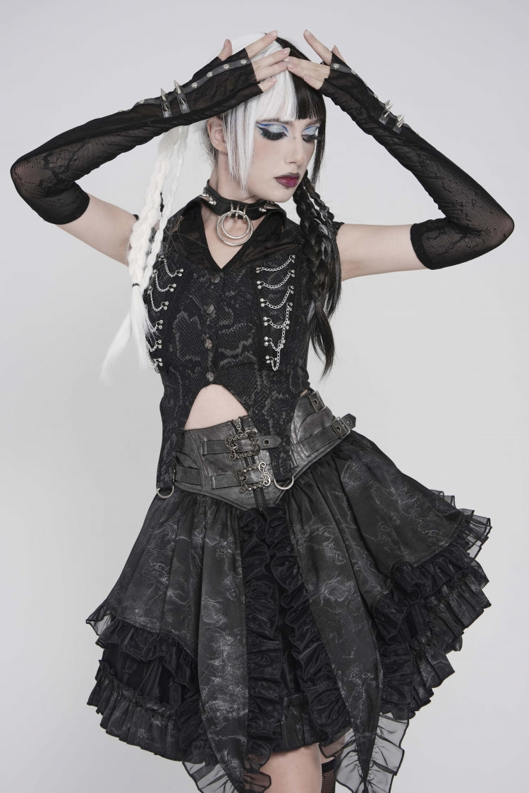 Black Off Shoulder Lace-Up Irregular Chain-Decorated Women's Punk Vest